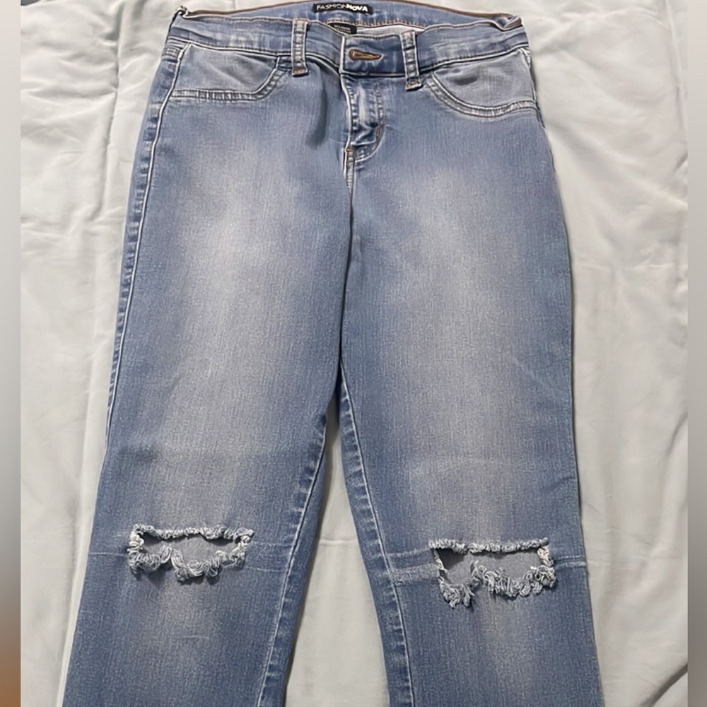 Fashion Nova Light Blue Distressed Straight Leg Jeans